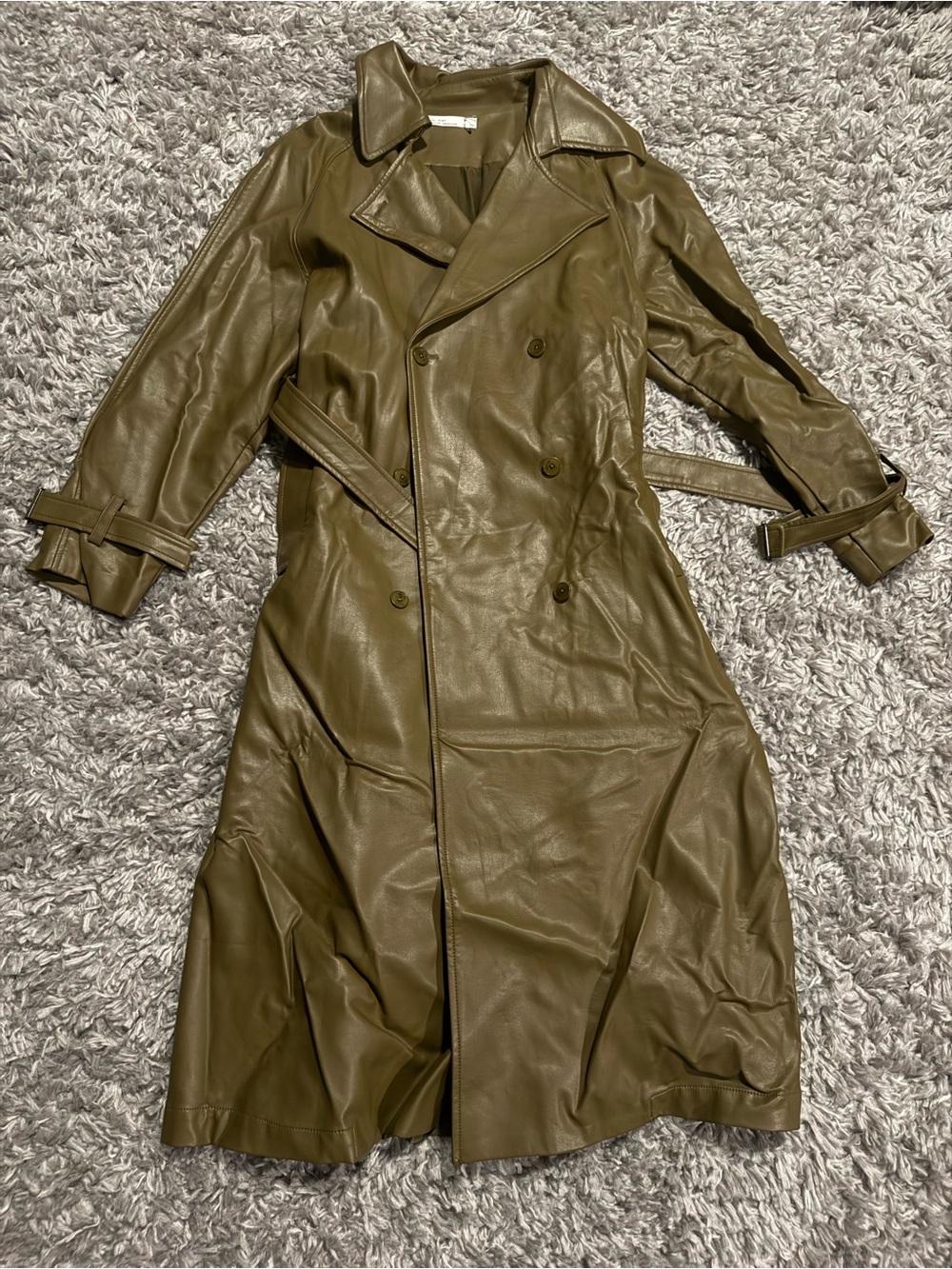 OAK + FORT Olive Leather Double-Breasted Trench Coat